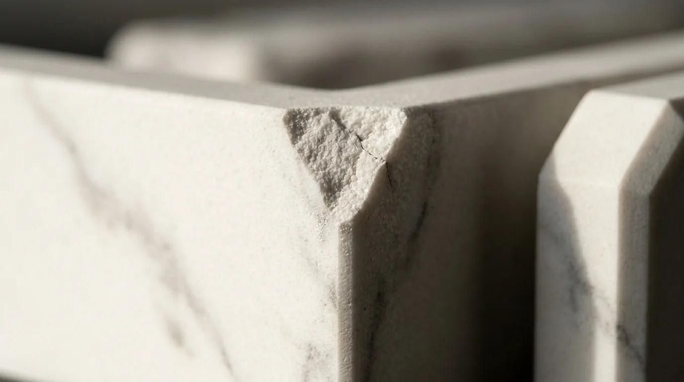 Detail chipovania na hrane sinterovaného kameňa — odštiepený kúsok na 90° hrane