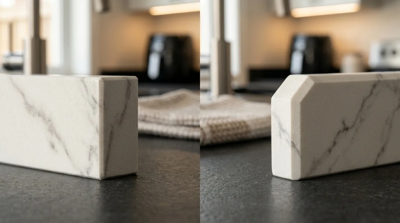 Porovnanie profilov hrán sinterovaného kameňa — chamfer, pencil, bevel, half-bullnose