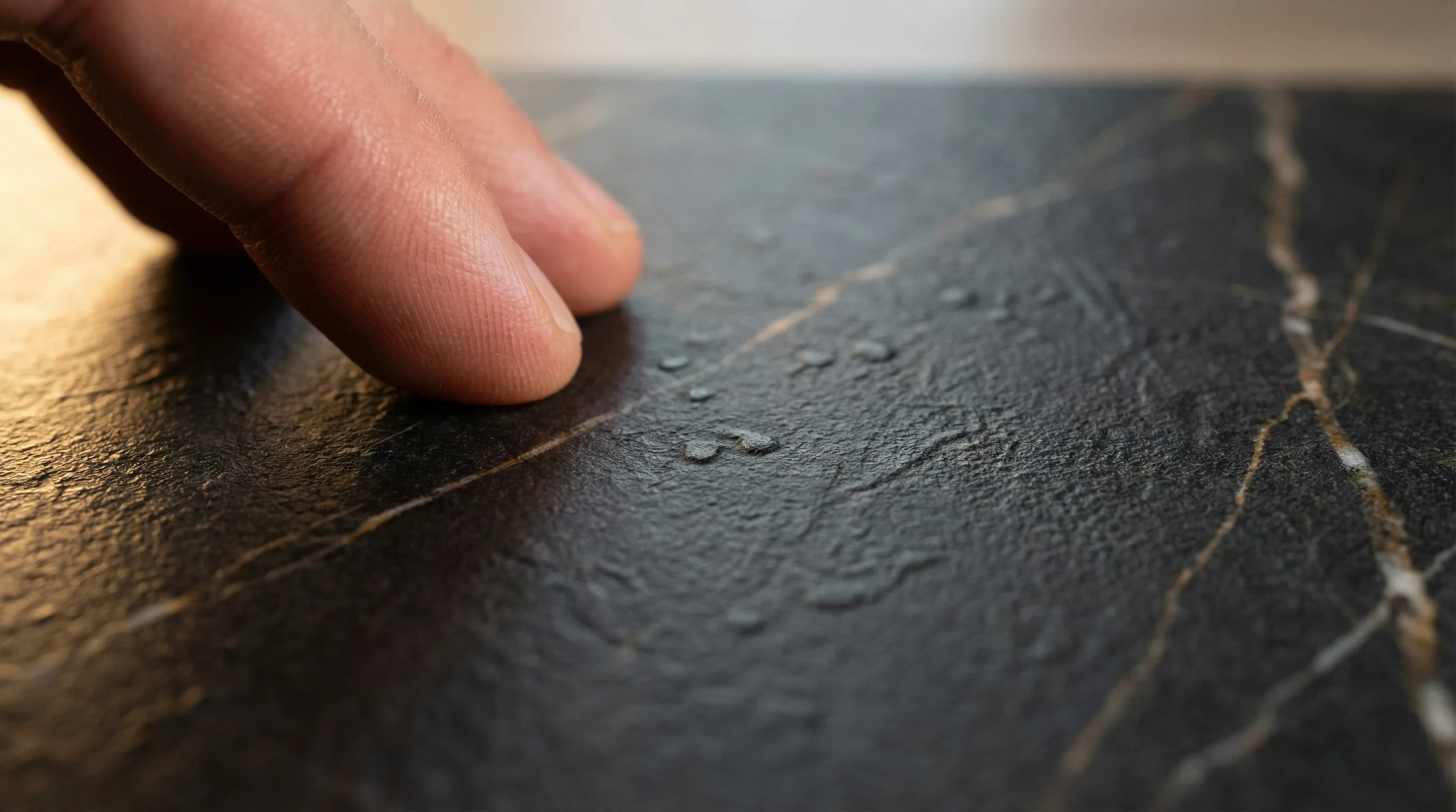 Detail leather-finish sinterovaného kameňa Sahara Noir — jemná koženková textúra pod teplým svetlom