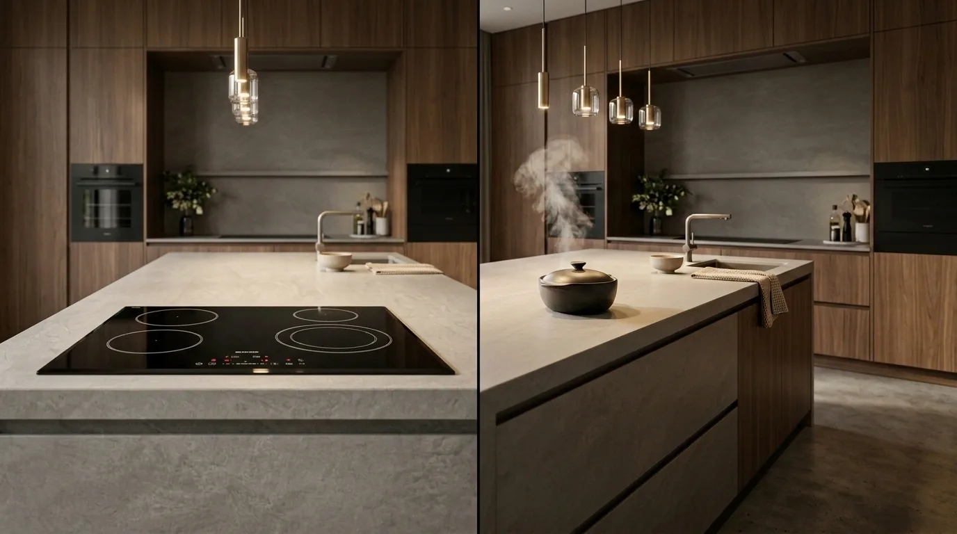 Porovnanie klasickej indukčnej dosky s čiernym sklom a neviditeľnej varnej dosky pod sinterovaným kameňom