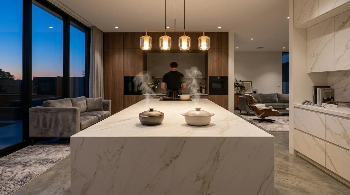 Otvorená kuchyňa s ostrovčekom zo sinterovaného kameňa — varenie na neviditeľnej doske