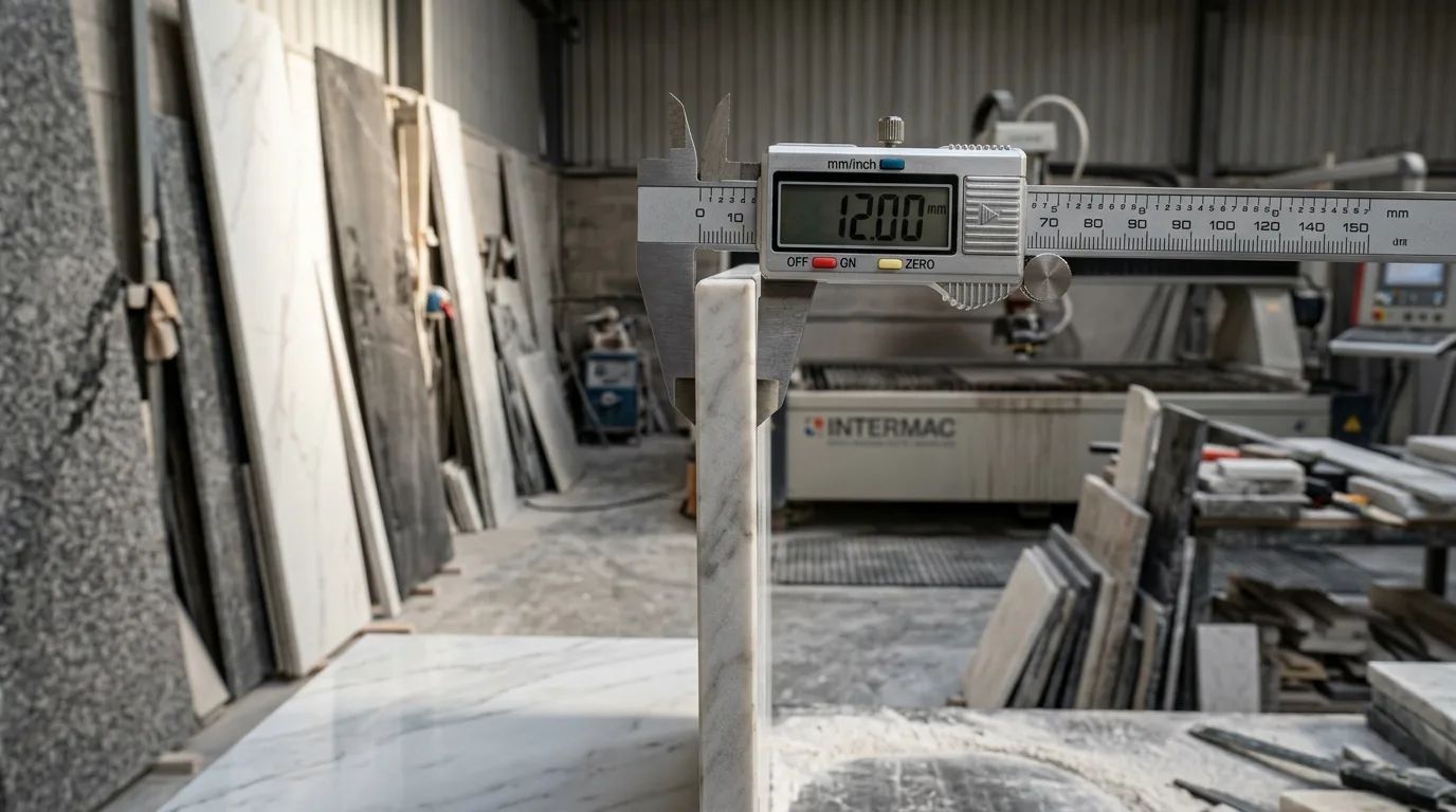 Makro záber na hranu sinterovaného kameňa s posuvným meradlom ukazujúcim 12 mm hrúbku