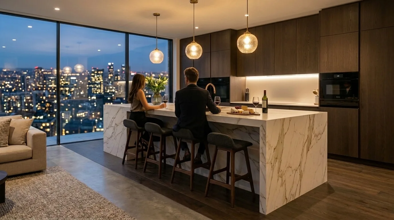 Luxusný Calacatta ostrovček s waterfall hranami vo večernej atmosfére — pár s vínom pri barovom sedení