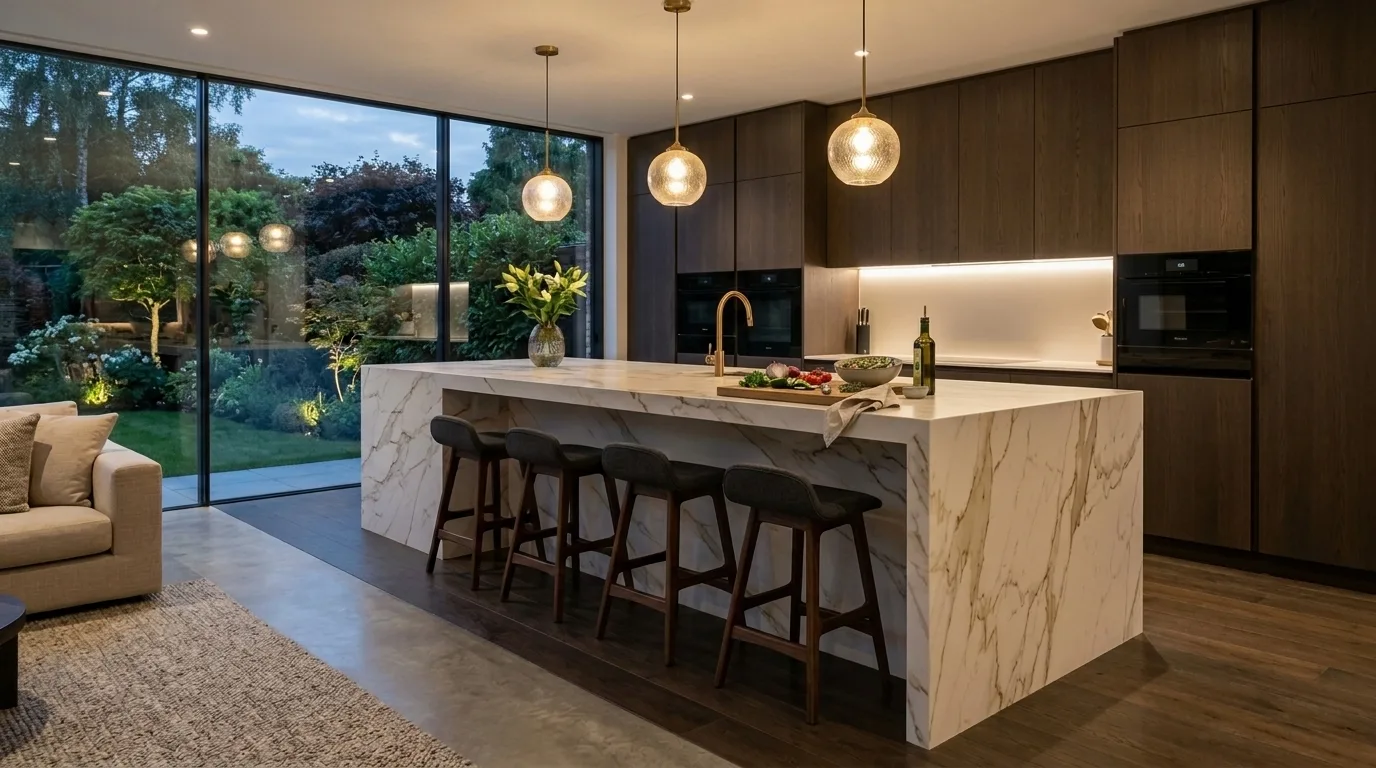 Kuchynský ostrovček s barovým sedením — barové stoličky pod previsom sinterovanej dosky