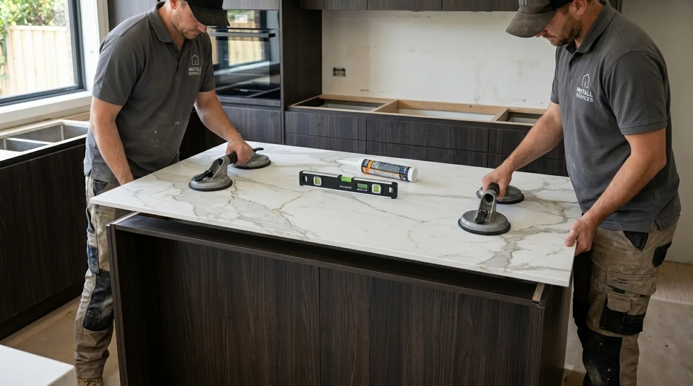 Dvaja technici osádzajú sinterovanú kamennú dosku na kuchynský ostrovček pomocou prísaviek