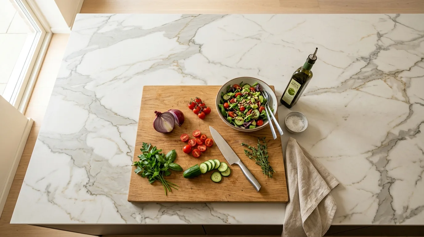 Pohľad zhora na kuchynský ostrovček zo sinterovaného kameňa s prípravou jedla na čistej kamennej ploche