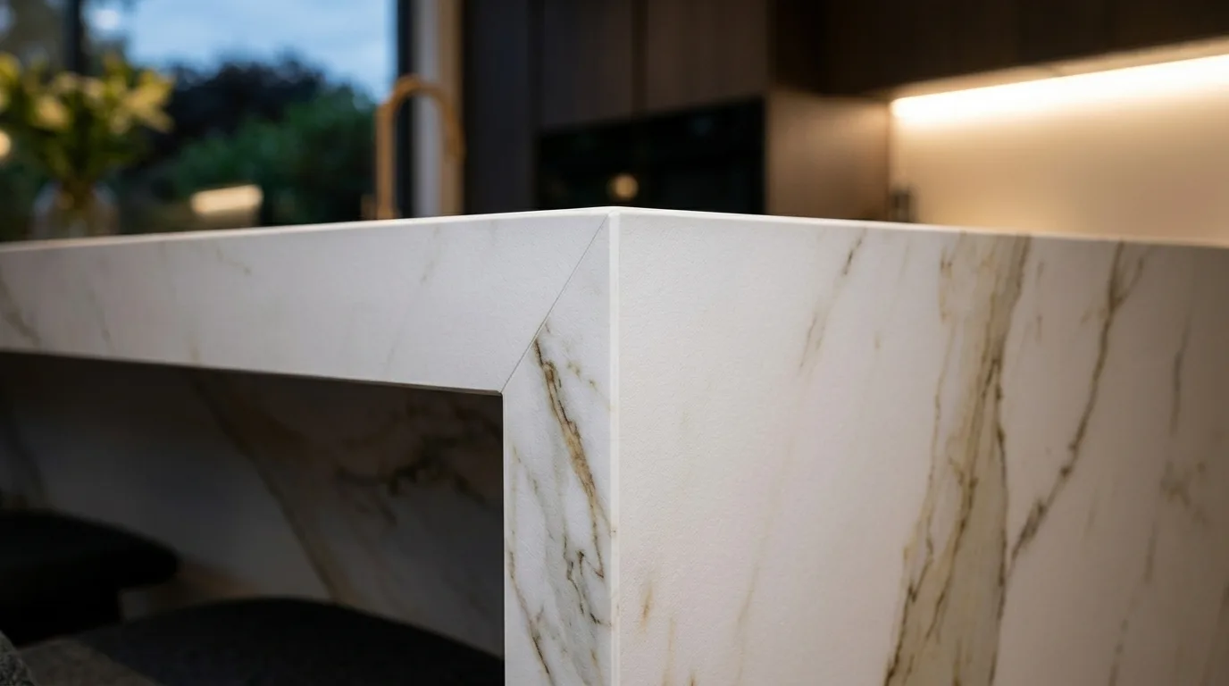 Detail waterfall hrany na kuchynskom ostrovčeku — spoj pod 45° s plynulým prechodom žíl cez roh