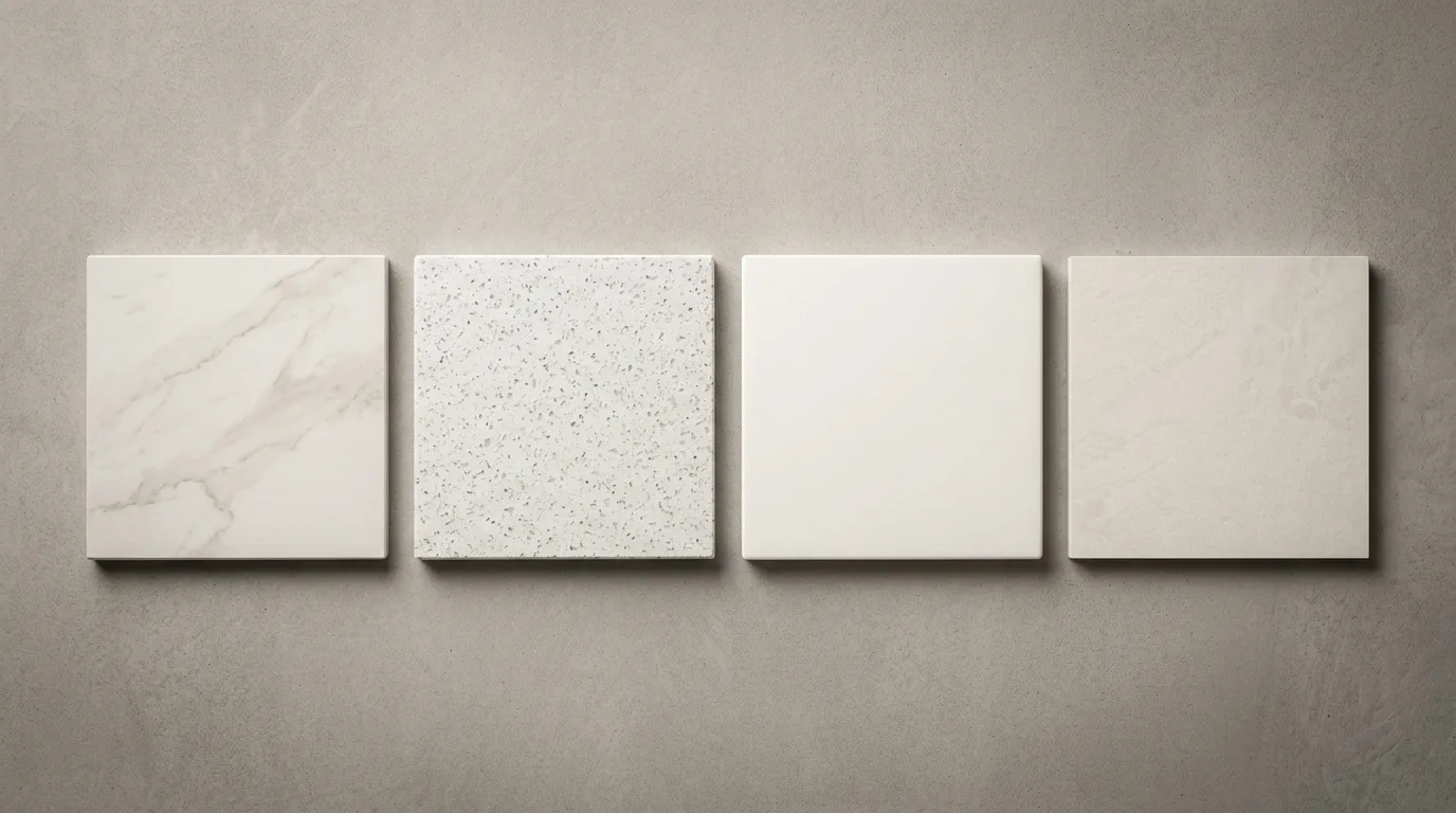 Štyri typy technického kameňa: sinterovaný kameň, kremenný kompozit, solid surface a keramika vedľa seba
