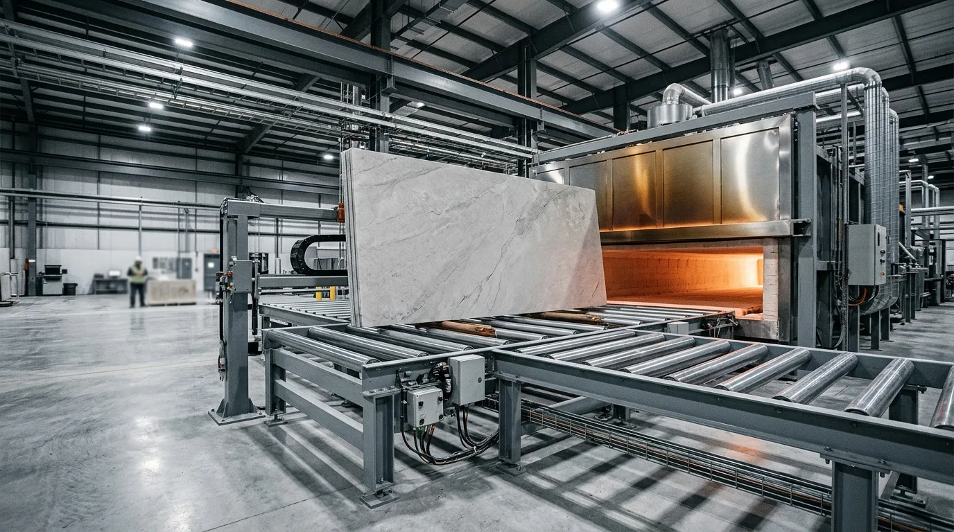 Výroba sinterovaného kameňa pri vysokej teplote v modernej fabrike